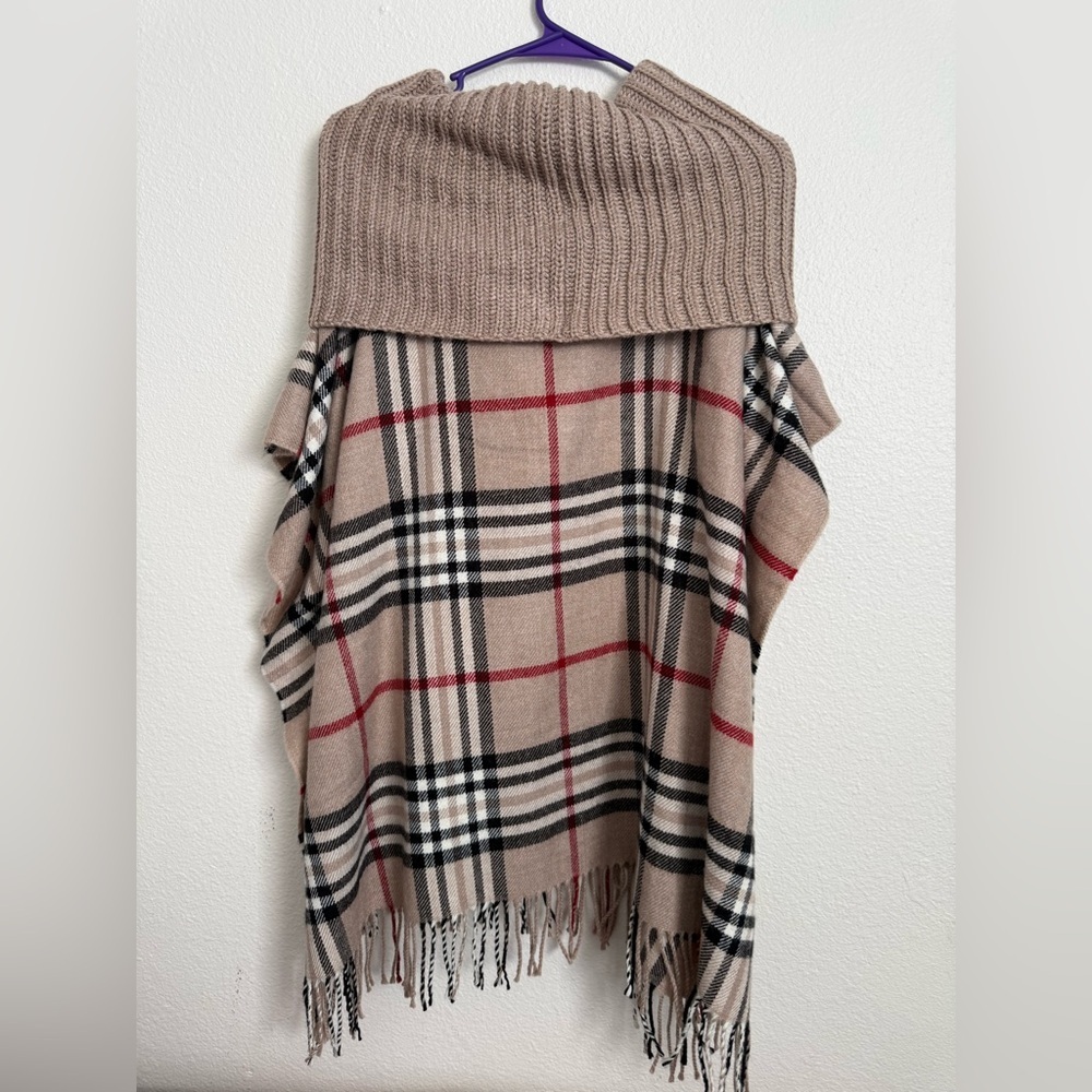 Plaid Beige and Red Cowl Neck Poncho - Picture 7 of 8